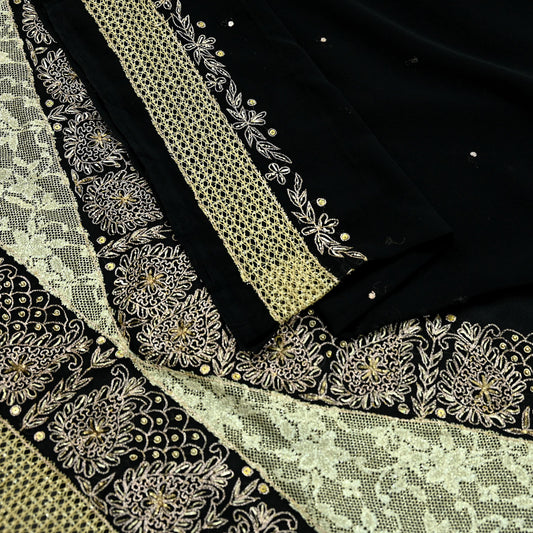 Indian Vintage Black Saree Georgette Hand Embroidered Sari Craft Fabric 5Yd Sewing Soft Ethnic Dress making Crafting Quilting Dabka