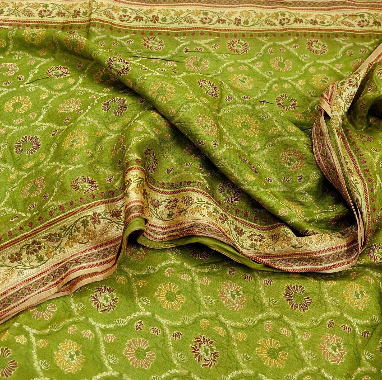 Indian Vintage Sari Green & Beige Pure Tussar Silk Hand Woven Sarees Craft Fabric 5Yd Sewing Ethnic Paisley Dress Making For Crafting