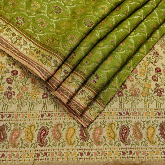 Indian Vintage Sari Green & Beige Pure Tussar Silk Hand Woven Sarees Craft Fabric 5Yd Sewing Ethnic Paisley Dress Making For Crafting