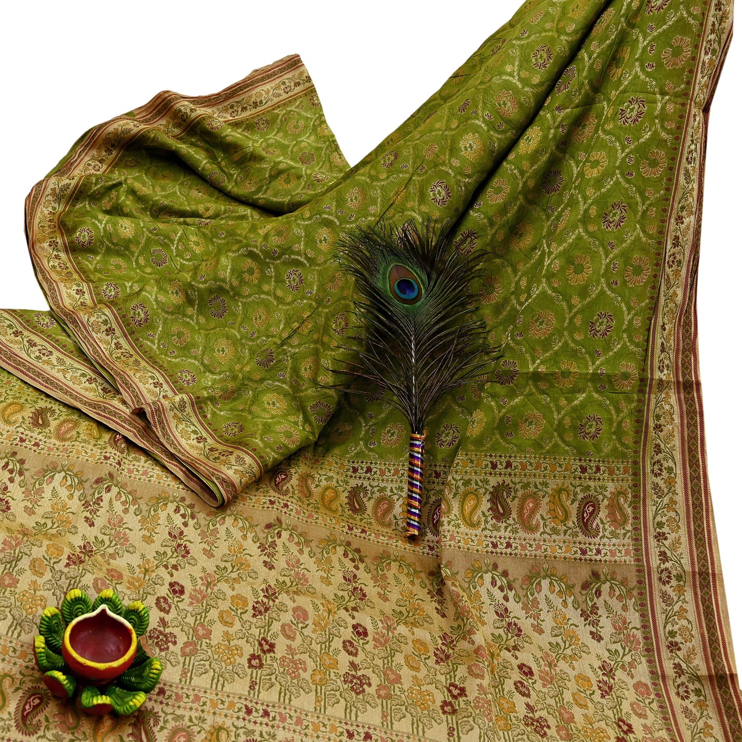 Indian Vintage Sari Green & Beige Pure Tussar Silk Hand Woven Sarees Craft Fabric 5Yd Sewing Ethnic Paisley Dress Making For Crafting