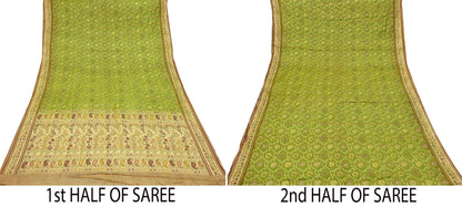 Indian Vintage Sari Green & Beige Pure Tussar Silk Hand Woven Sarees Craft Fabric 5Yd Sewing Ethnic Paisley Dress Making For Crafting