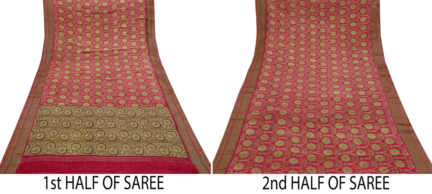 Indian Vintage Sari Pink Blend Silk Woven Printed Saree Craft Fabric 5yd Sewing Soft Dress Designing Crafting Quilting Zari Border