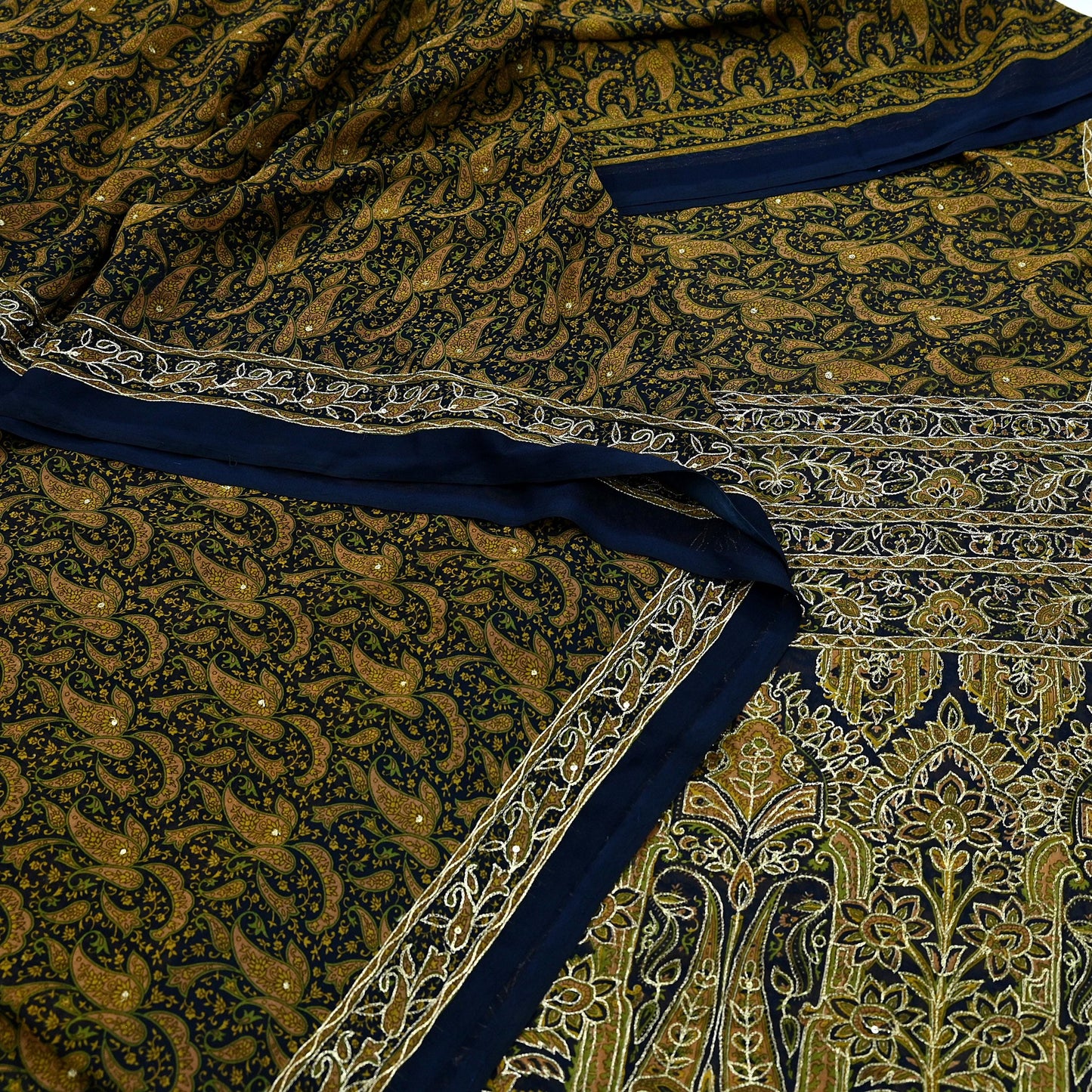 Indian Vintage Deep Blue Saree Georgette Hand Embroidered Sari Craft Fabric 5Yd Sewing Soft Ethnic Dress making Crafting Quilting Zari