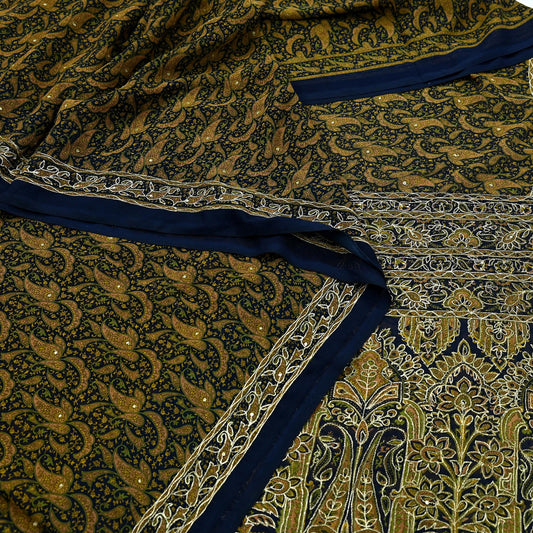 Indian Vintage Deep Blue Saree Georgette Hand Embroidered Sari Craft Fabric 5Yd Sewing Soft Ethnic Dress making Crafting Quilting Zari