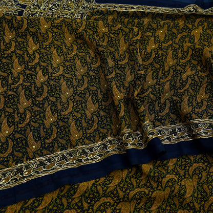 Indian Vintage Deep Blue Saree Georgette Hand Embroidered Sari Craft Fabric 5Yd Sewing Soft Ethnic Dress making Crafting Quilting Zari