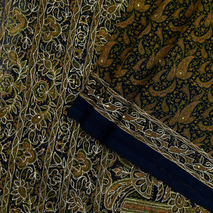 Indian Vintage Deep Blue Saree Georgette Hand Embroidered Sari Craft Fabric 5Yd Sewing Soft Ethnic Dress making Crafting Quilting Zari