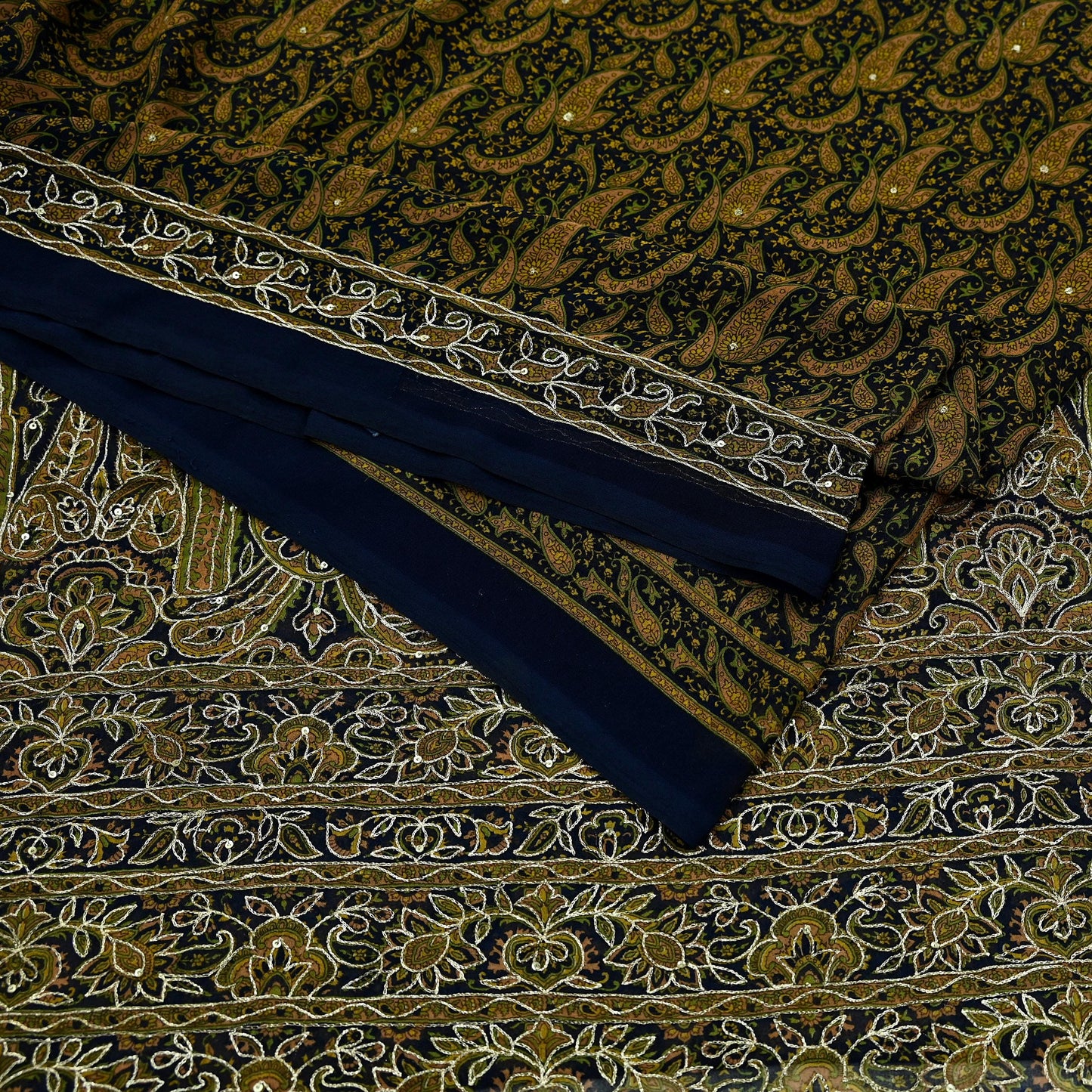 Indian Vintage Deep Blue Saree Georgette Hand Embroidered Sari Craft Fabric 5Yd Sewing Soft Ethnic Dress making Crafting Quilting Zari