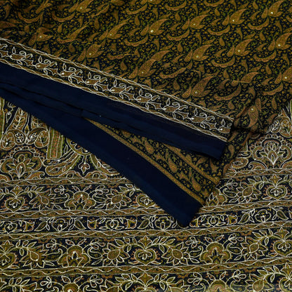 Indian Vintage Deep Blue Saree Georgette Hand Embroidered Sari Craft Fabric 5Yd Sewing Soft Ethnic Dress making Crafting Quilting Zari