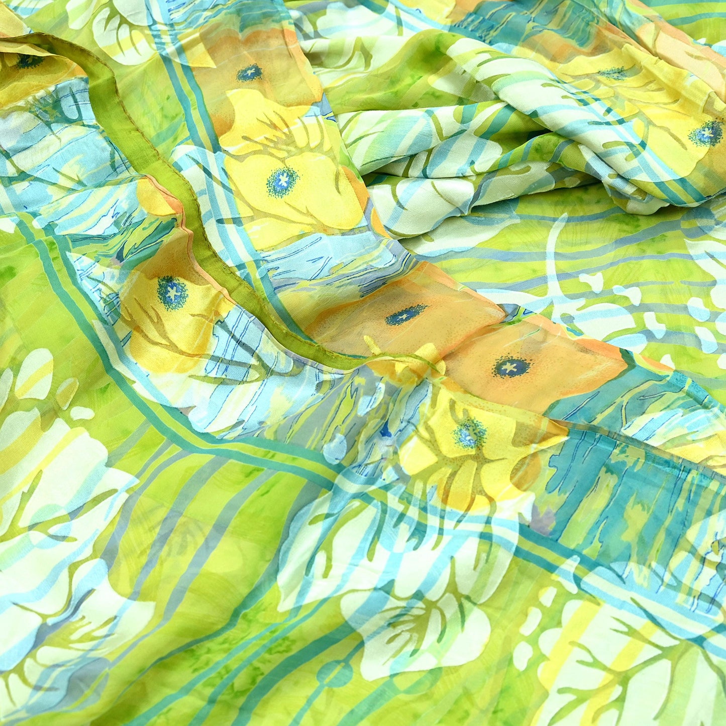 Indian Vintage Saree Green Pure Chiffon Silk Hand Embroidered Brasso Sari Fabric 5Yd Sewing Soft Ethnic Dress Making For Crafting Quilting