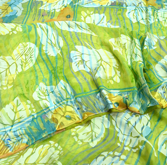 Indian Vintage Saree Green Pure Chiffon Silk Hand Embroidered Brasso Sari Fabric 5Yd Sewing Soft Ethnic Dress Making For Crafting Quilting