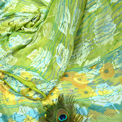 Indian Vintage Saree Green Pure Chiffon Silk Hand Embroidered Brasso Sari Fabric 5Yd Sewing Soft Ethnic Dress Making For Crafting Quilting