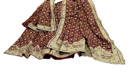 Indian Vintage Heavy Wedding Maroon Pure Cotton Hand Embroidered Bandhani Gharchola Lehenga/Dupatta Bridal Wear Zardozi/ Dabka, Zari