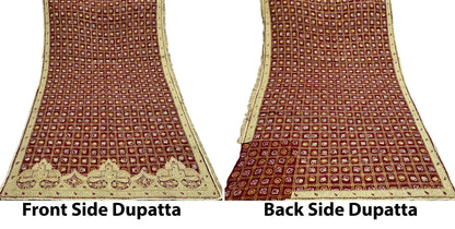 Indian Vintage Heavy Wedding Maroon Pure Cotton Hand Embroidered Bandhani Gharchola Lehenga/Dupatta Bridal Wear Zardozi/ Dabka, Zari