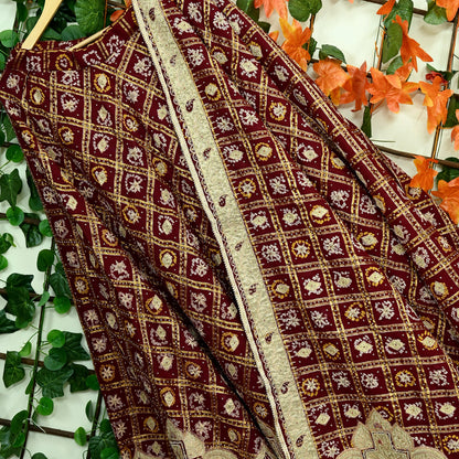 Indian Vintage Heavy Wedding Maroon Pure Cotton Hand Embroidered Bandhani Gharchola Lehenga/Dupatta Bridal Wear Zardozi/ Dabka, Zari