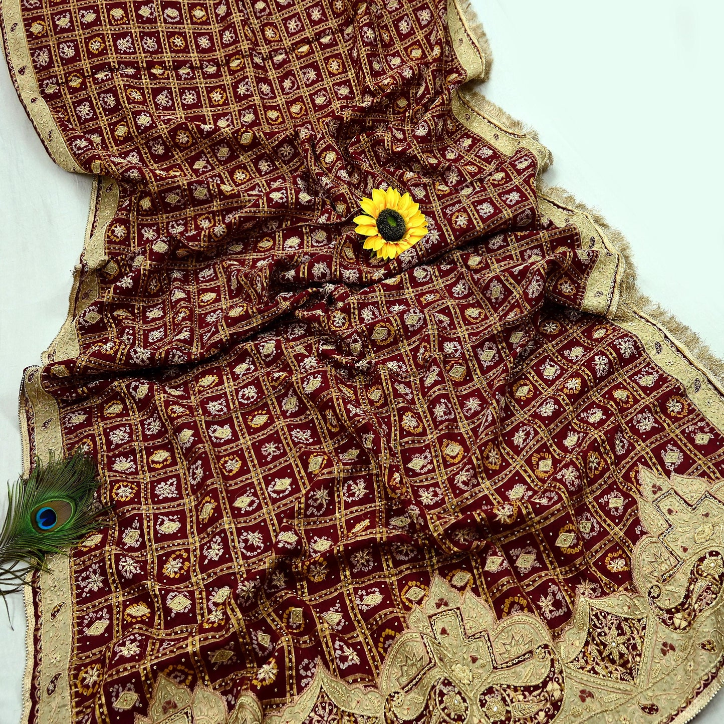 Indian Vintage Heavy Bridal Maroon Dupatta Pure Cotton Long Stole Hand Embroidered Bandhani Gharchola Scarves Wedding/Party Wear Paisley