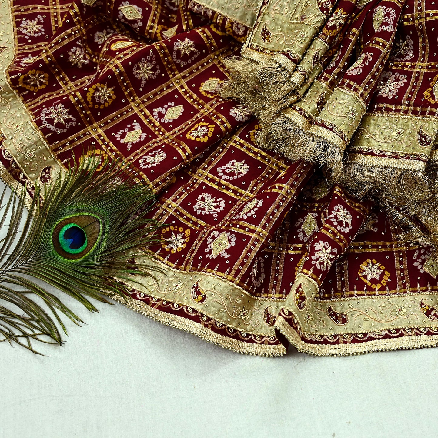 Indian Vintage Heavy Bridal Maroon Dupatta Pure Cotton Long Stole Hand Embroidered Bandhani Gharchola Scarves Wedding/Party Wear Paisley