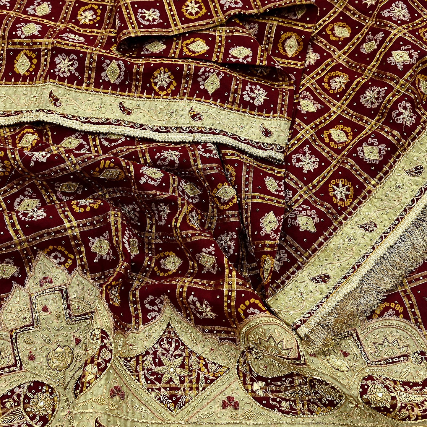 Indian Vintage Heavy Bridal Maroon Dupatta Pure Cotton Long Stole Hand Embroidered Bandhani Gharchola Scarves Wedding/Party Wear Paisley