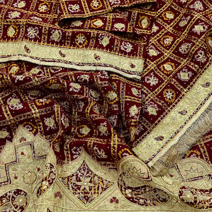 Indian Vintage Heavy Bridal Maroon Dupatta Pure Cotton Long Stole Hand Embroidered Bandhani Gharchola Scarves Wedding/Party Wear Paisley
