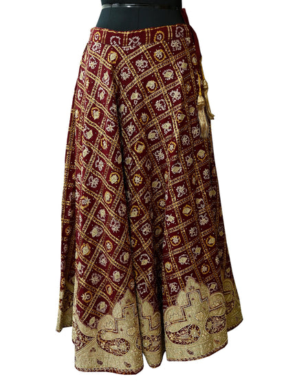 Indian Vintage Heavy Wedding Maroon Pure Cotton Hand Embroidered Bandhani Gharchola Lehenga/Skirt Bridal Wear Zardozi/ Dabka, Zari