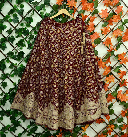 Indian Vintage Heavy Wedding Maroon Pure Cotton Hand Embroidered Bandhani Gharchola Lehenga/Skirt Bridal Wear Zardozi/ Dabka, Zari