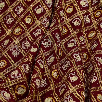 Indian Vintage Heavy Wedding Maroon Pure Cotton Hand Embroidered Bandhani Gharchola Lehenga/Skirt Bridal Wear Zardozi/ Dabka, Zari