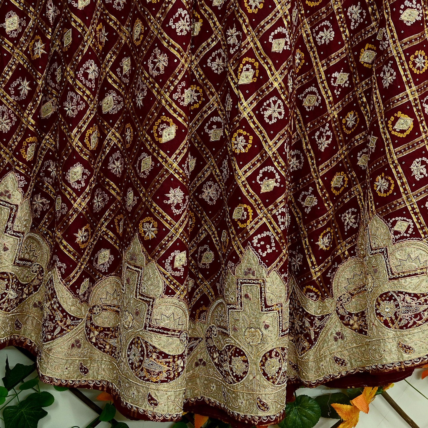 Indian Vintage Heavy Wedding Maroon Pure Cotton Hand Embroidered Bandhani Gharchola Lehenga/Skirt Bridal Wear Zardozi/ Dabka, Zari