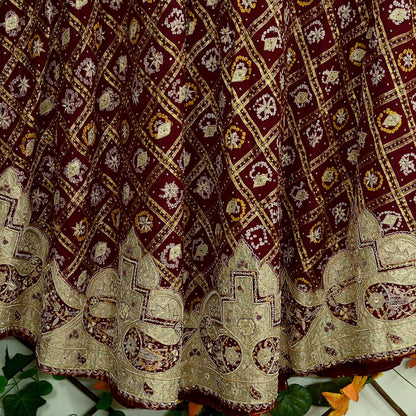Indian Vintage Heavy Wedding Maroon Pure Cotton Hand Embroidered Bandhani Gharchola Lehenga/Skirt Bridal Wear Zardozi/ Dabka, Zari