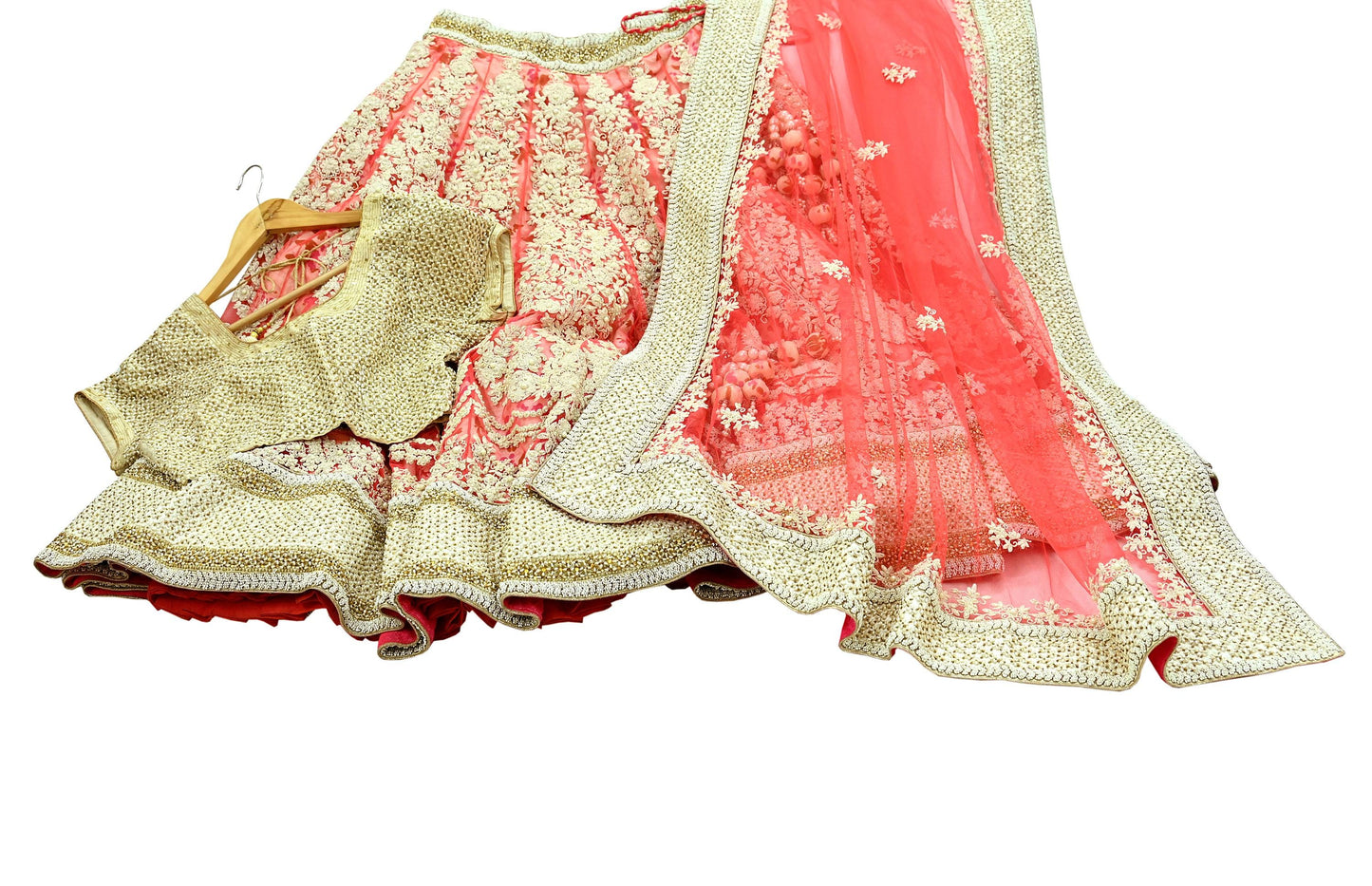 Indian Pre-owned Heavy Pink & Ivory Mesh/Net Hand Embroidered Lehenga 3pcs Set By Designer Abu Jani Bridal Wear With Blouse