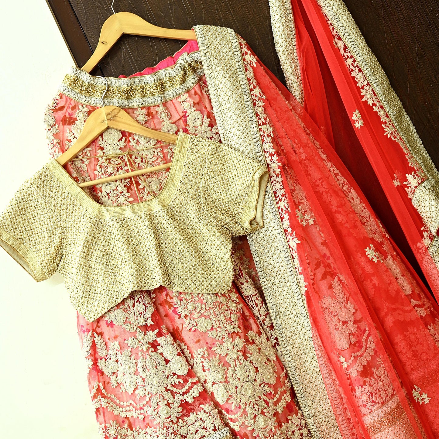 Indian Pre-owned Heavy Pink & Ivory Mesh/Net Hand Embroidered Lehenga 3pcs Set By Designer Abu Jani Bridal Wear With Blouse