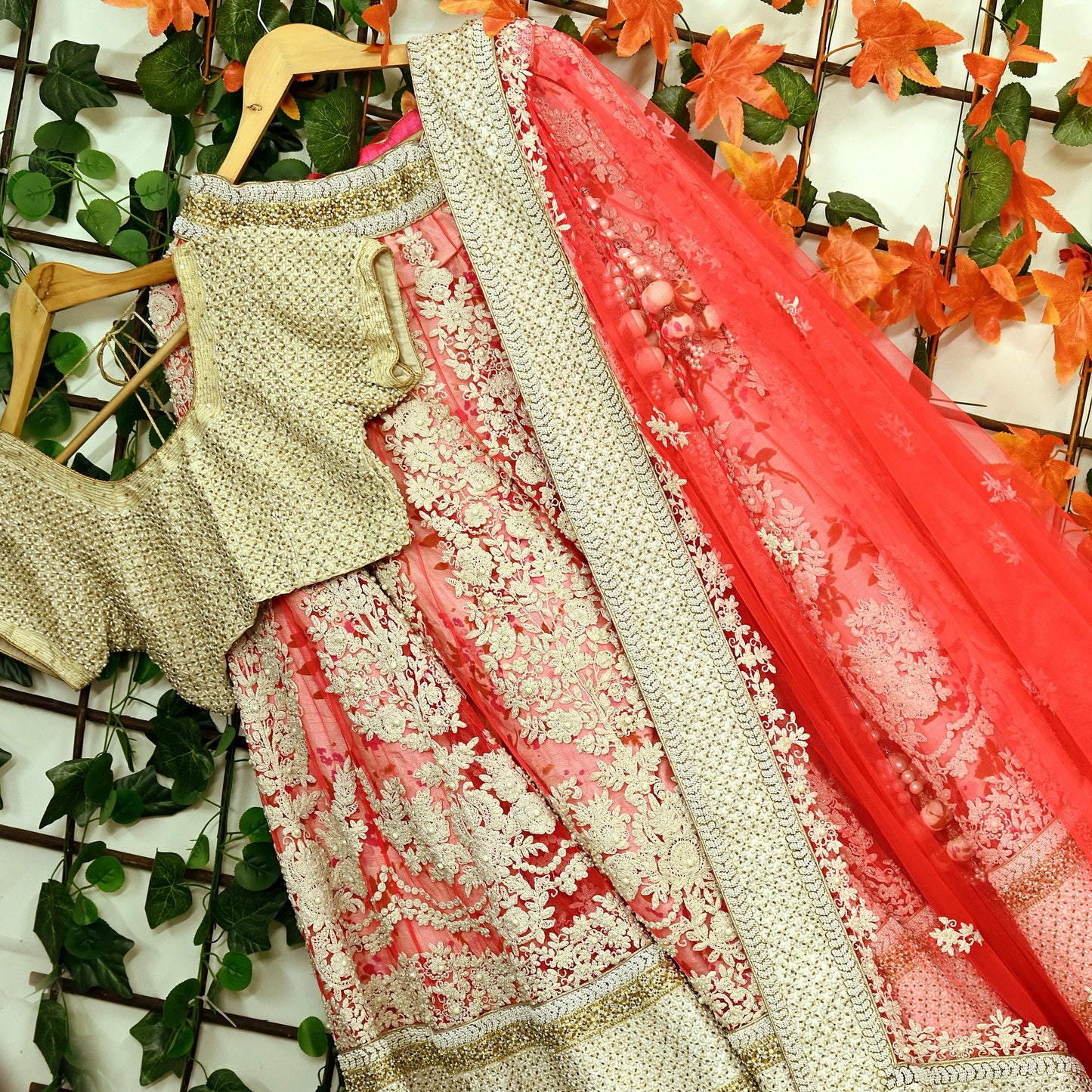 Indian Pre-owned Heavy Pink & Ivory Mesh/Net Hand Embroidered Lehenga 3pcs Set By Designer Abu Jani Bridal Wear With Blouse