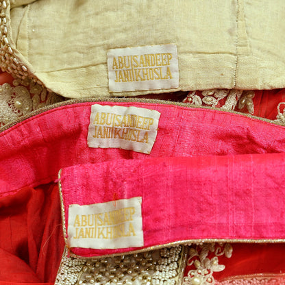 Indian Pre-owned Heavy Pink & Ivory Mesh/Net Hand Embroidered Lehenga 3pcs Set By Designer Abu Jani Bridal Wear With Blouse