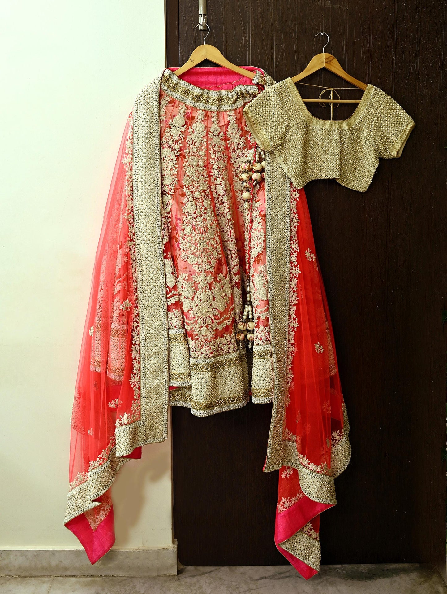 Indian Pre-owned Heavy Pink & Ivory Mesh/Net Hand Embroidered Lehenga 3pcs Set By Designer Abu Jani Bridal Wear With Blouse