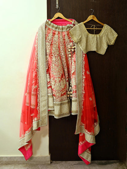 Indian Pre-owned Heavy Pink & Ivory Mesh/Net Hand Embroidered Lehenga 3pcs Set By Designer Abu Jani Bridal Wear With Blouse