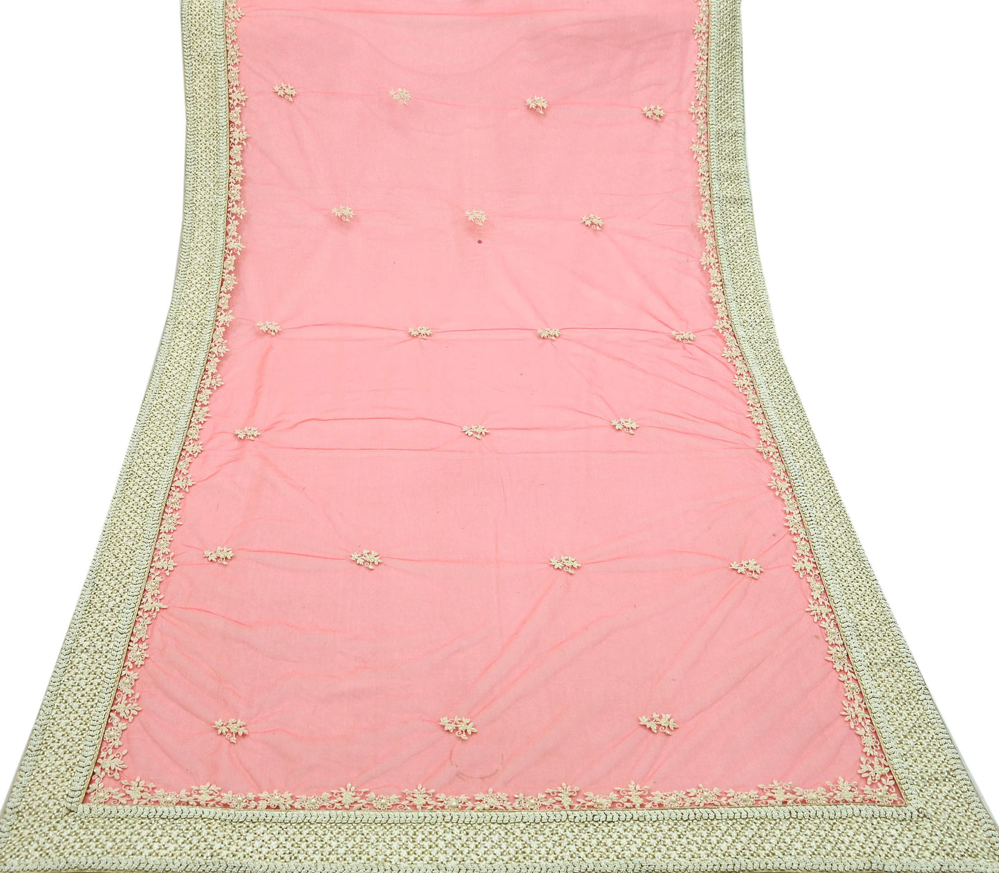 Indian Pre-owned Heavy Dupatta Pink Net Long Stole Hand Embroidered By Designer Abu Jani Scarves Bridal Veil
