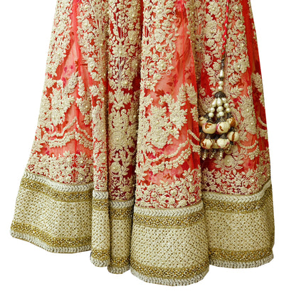 Indian Pre-owned Pink Heavy Wedding Net Hand Embroidered Lehenga/Skirt Designer By Abu Jani Zardozi Bridal Wear
