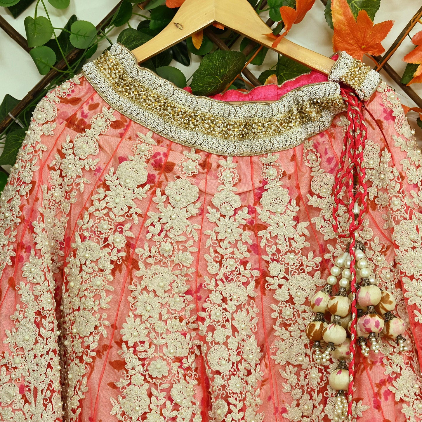Indian Pre-owned Pink Heavy Wedding Net Hand Embroidered Lehenga/Skirt Designer By Abu Jani Zardozi Bridal Wear