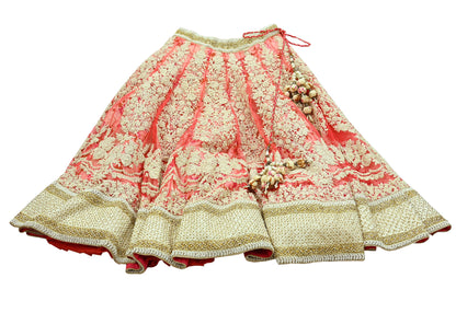 Indian Pre-owned Pink Heavy Wedding Net Hand Embroidered Lehenga/Skirt Designer By Abu Jani Zardozi Bridal Wear