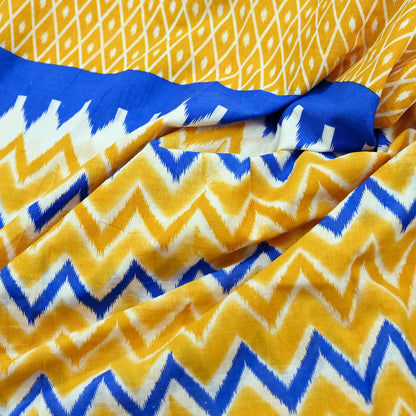 Indian Vintage Sari Blue & Yellow Printed 100% Pure Cotton Saree Craft Fabric 5Yd Soft Sewing Sarong Wrap Boho Stripes Dress making Quilting