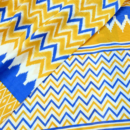 Indian Vintage Sari Blue & Yellow Printed 100% Pure Cotton Saree Craft Fabric 5Yd Soft Sewing Sarong Wrap Boho Stripes Dress making Quilting
