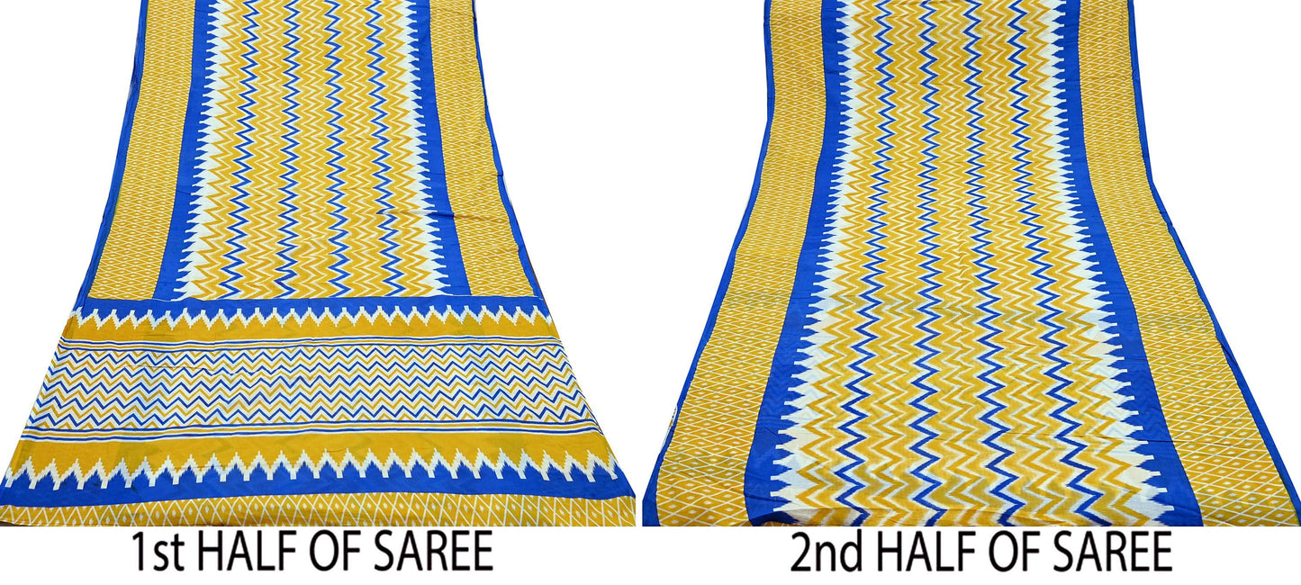 Indian Vintage Sari Blue & Yellow Printed 100% Pure Cotton Saree Craft Fabric 5Yd Soft Sewing Sarong Wrap Boho Stripes Dress making Quilting