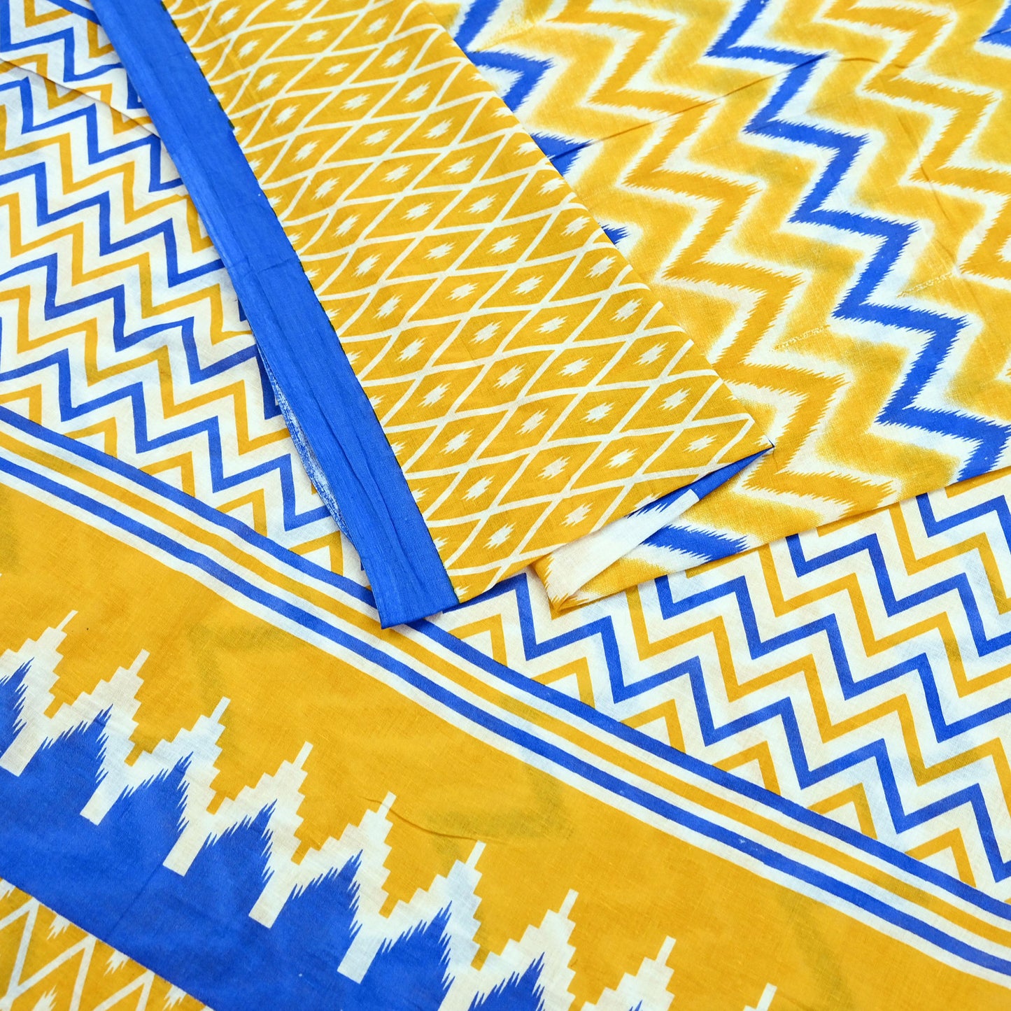 Indian Vintage Sari Blue & Yellow Printed 100% Pure Cotton Saree Craft Fabric 5Yd Soft Sewing Sarong Wrap Boho Stripes Dress making Quilting
