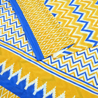 Indian Vintage Sari Blue & Yellow Printed 100% Pure Cotton Saree Craft Fabric 5Yd Soft Sewing Sarong Wrap Boho Stripes Dress making Quilting