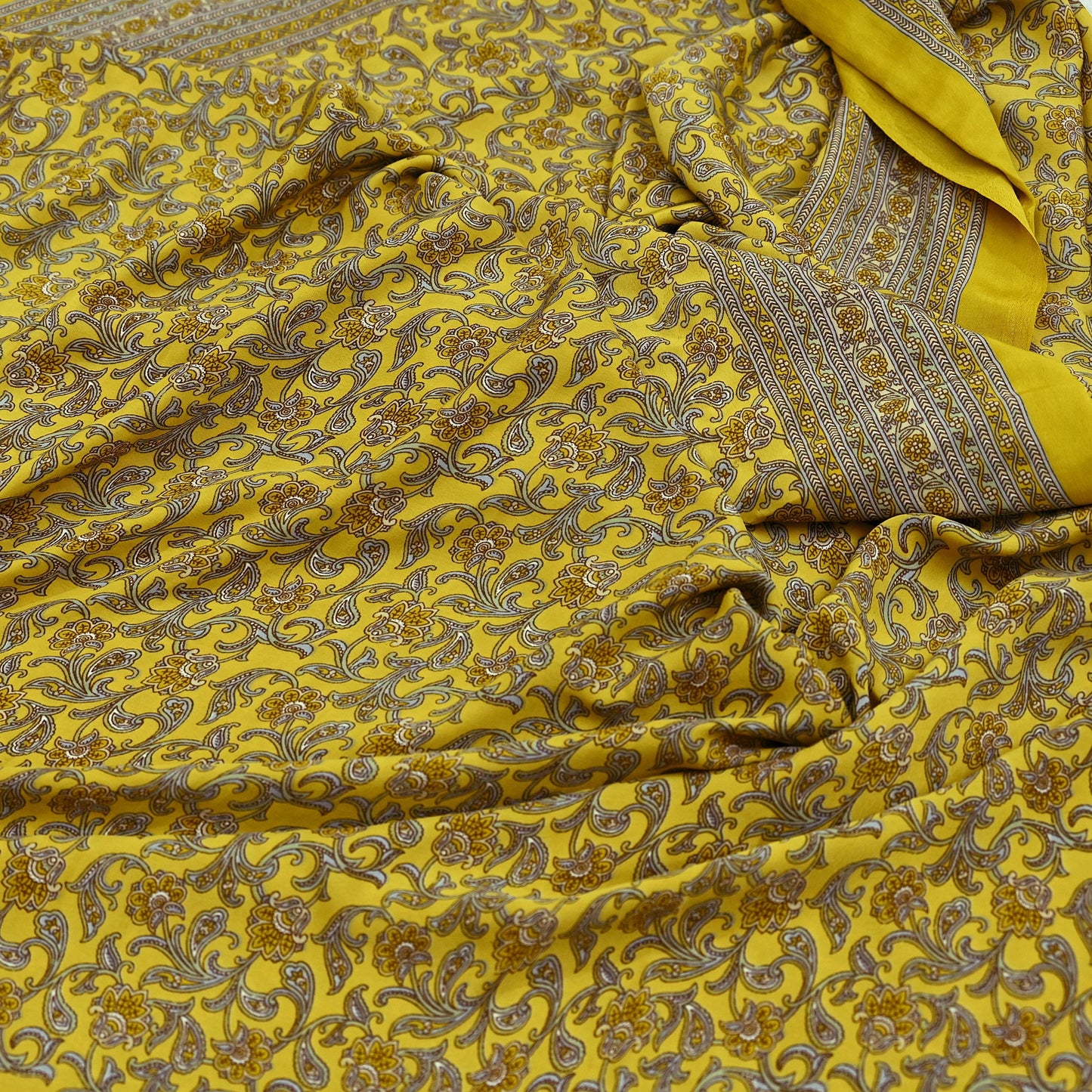 Indian Vintage Sari Yellow Moss Crepe Printed Sarees 5yd Craft Fabric Sewing Floral Soft Dress making Quilting Crafting Upcycle Used