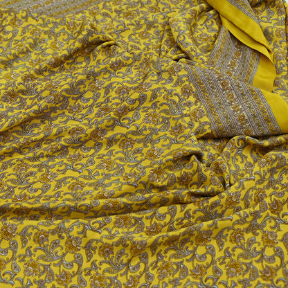 Indian Vintage Sari Yellow Moss Crepe Printed Sarees 5yd Craft Fabric Sewing Floral Soft Dress making Quilting Crafting Upcycle Used