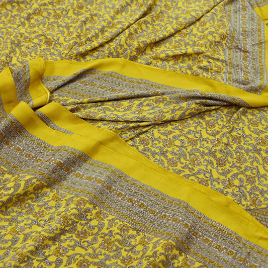 Indian Vintage Sari Yellow Moss Crepe Printed Sarees 5yd Craft Fabric Sewing Floral Soft Dress making Quilting Crafting Upcycle Used
