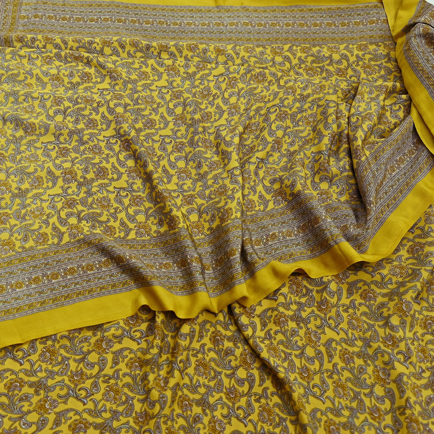 Indian Vintage Sari Yellow Moss Crepe Printed Sarees 5yd Craft Fabric Sewing Floral Soft Dress making Quilting Crafting Upcycle Used