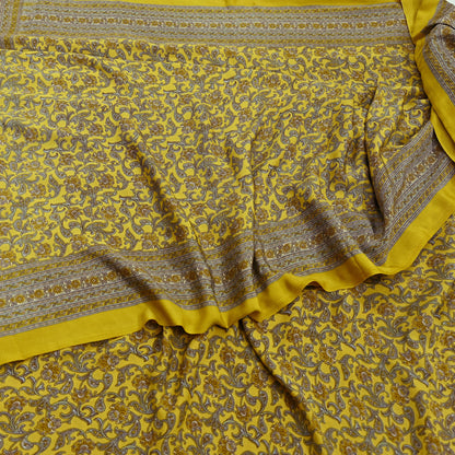 Indian Vintage Sari Yellow Moss Crepe Printed Sarees 5yd Craft Fabric Sewing Floral Soft Dress making Quilting Crafting Upcycle Used
