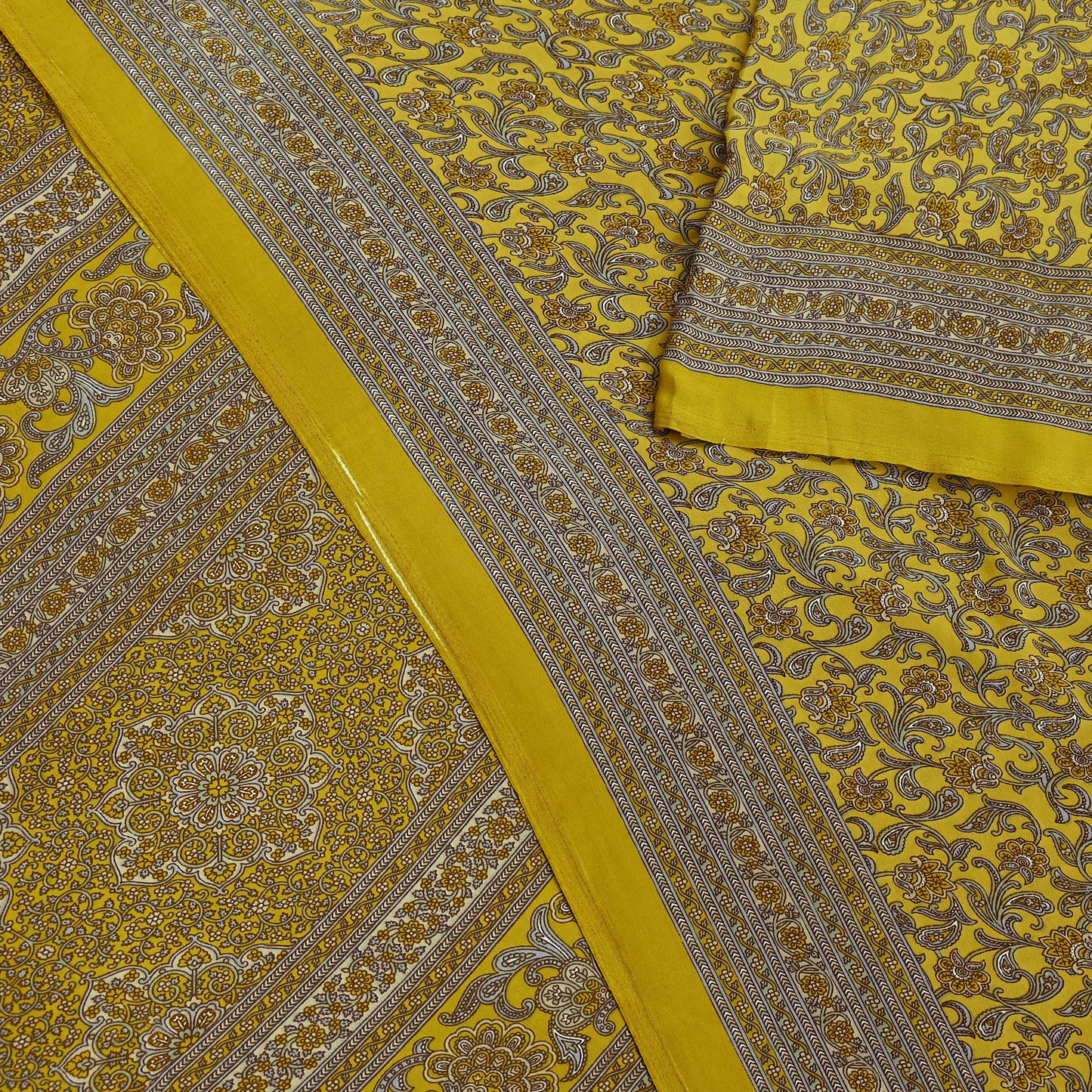 Indian Vintage Sari Yellow Moss Crepe Printed Sarees 5yd Craft Fabric Sewing Floral Soft Dress making Quilting Crafting Upcycle Used
