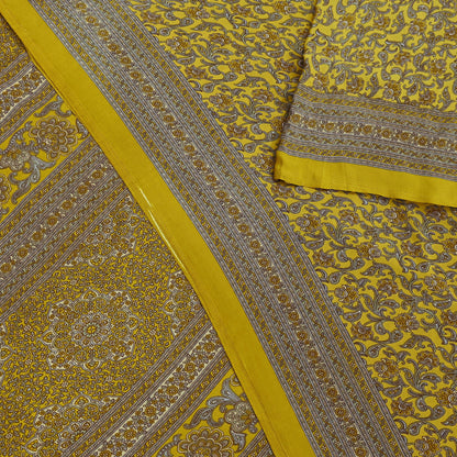 Indian Vintage Sari Yellow Moss Crepe Printed Sarees 5yd Craft Fabric Sewing Floral Soft Dress making Quilting Crafting Upcycle Used