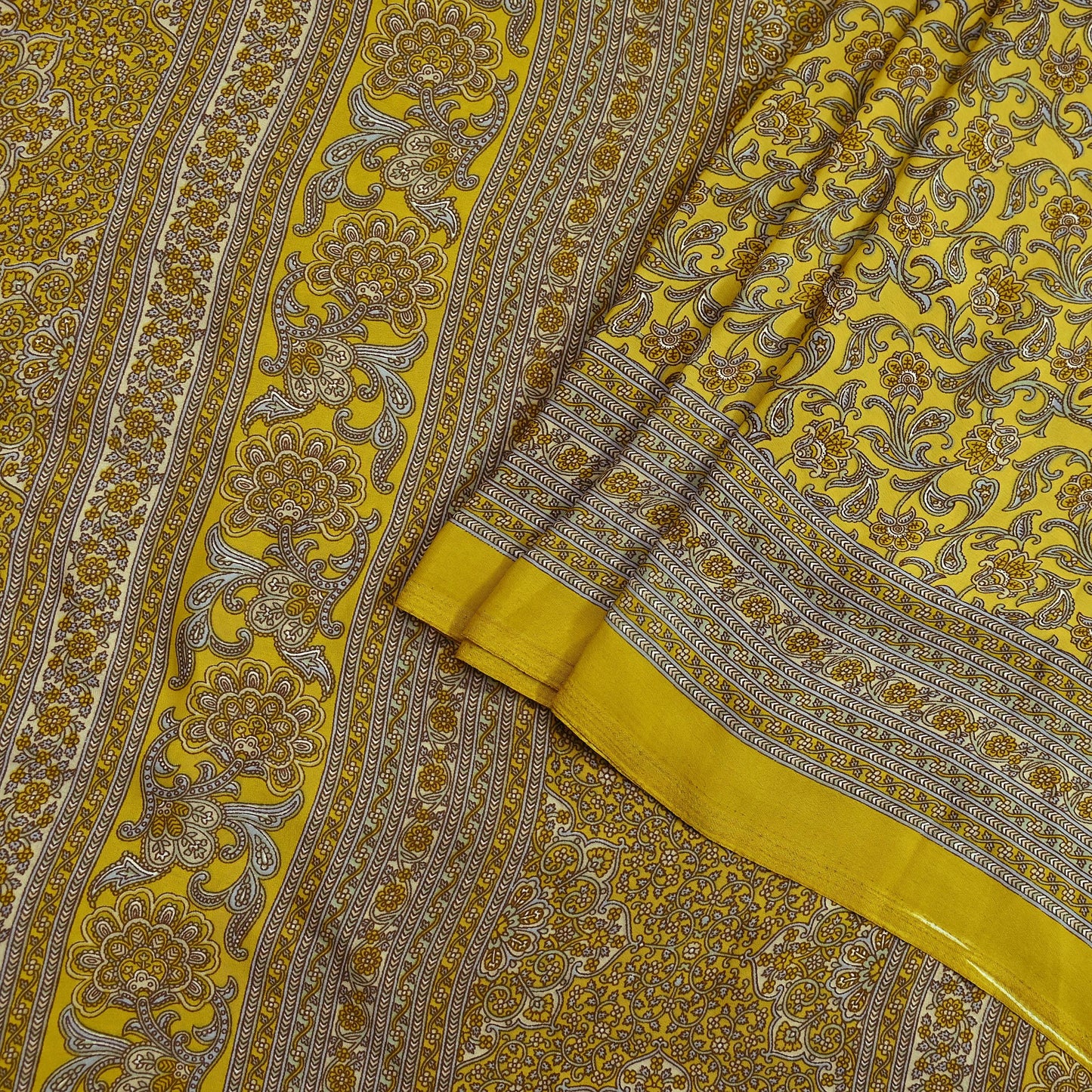 Indian Vintage Sari Yellow Moss Crepe Printed Sarees 5yd Craft Fabric Sewing Floral Soft Dress making Quilting Crafting Upcycle Used